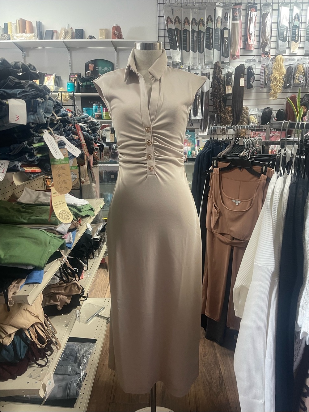 Sleeveless Collared Midi Dress in Beige